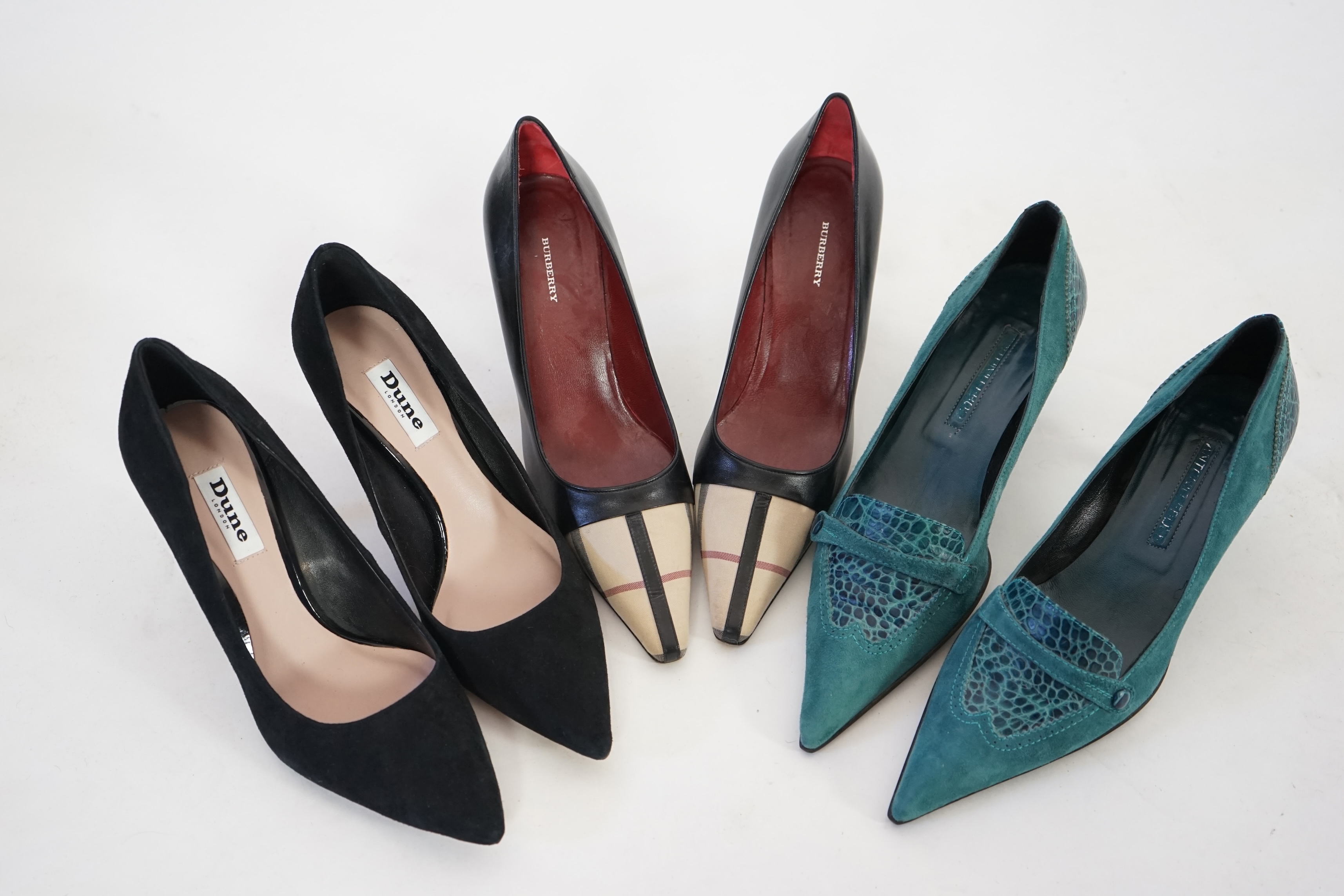 A pair of Burberry lady's black heeled pumps with tartan canvas toe detail, a pair of unworn Dune black suede heeled pumps, a pair of teal suede and mock croc leather detail kitten heeled pumps. Three pairs in total. Siz
